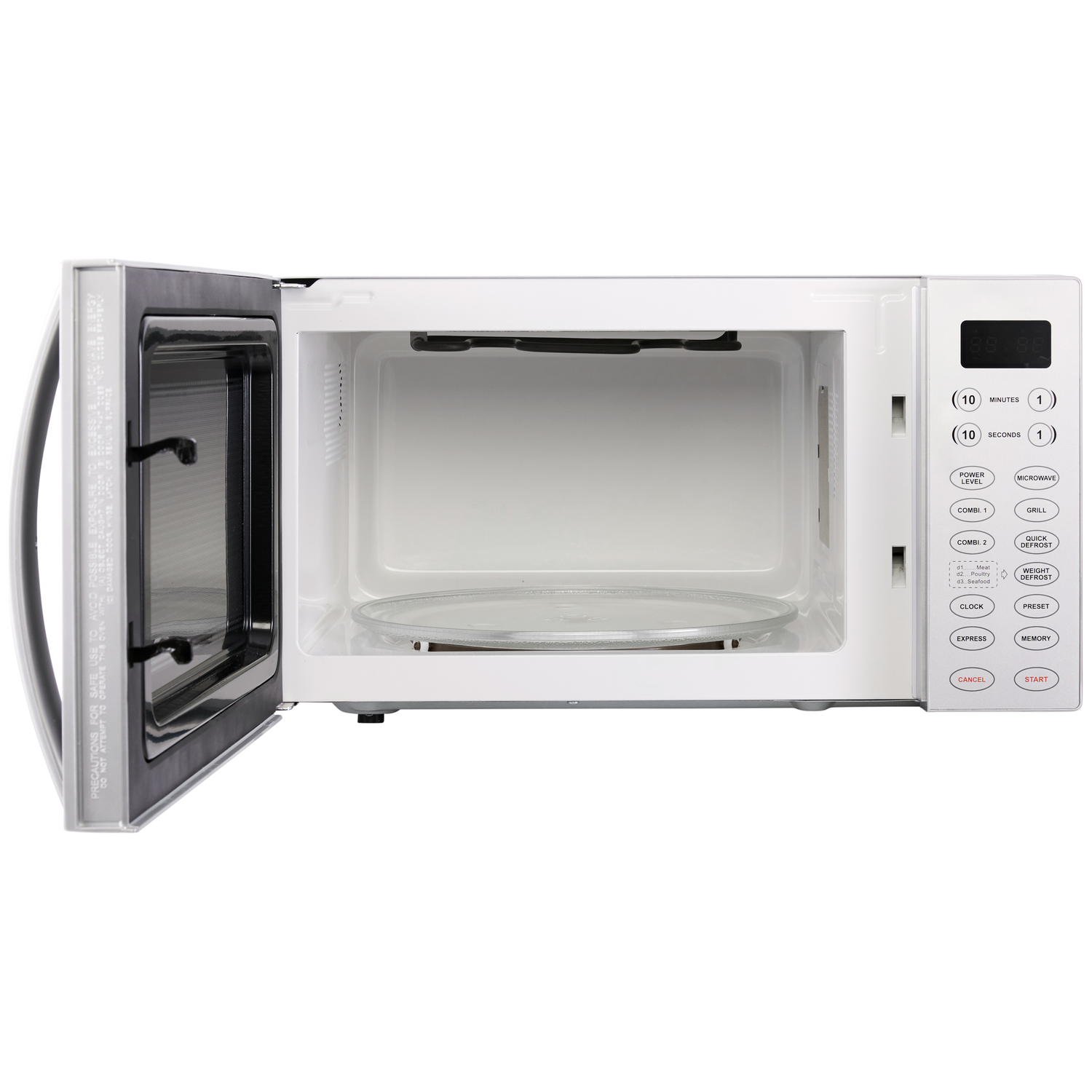 An open white microwave oven interior with a glass turntable and control panel.