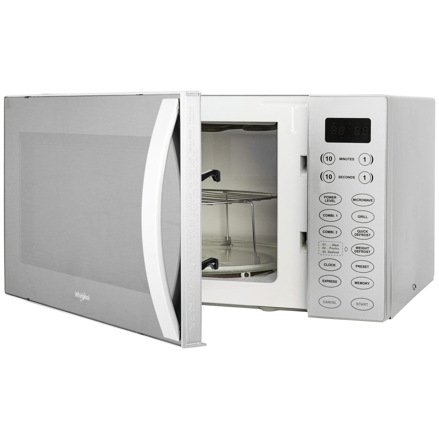A silver Whirlpool microwave oven with its door open, revealing a rack and turntable.
