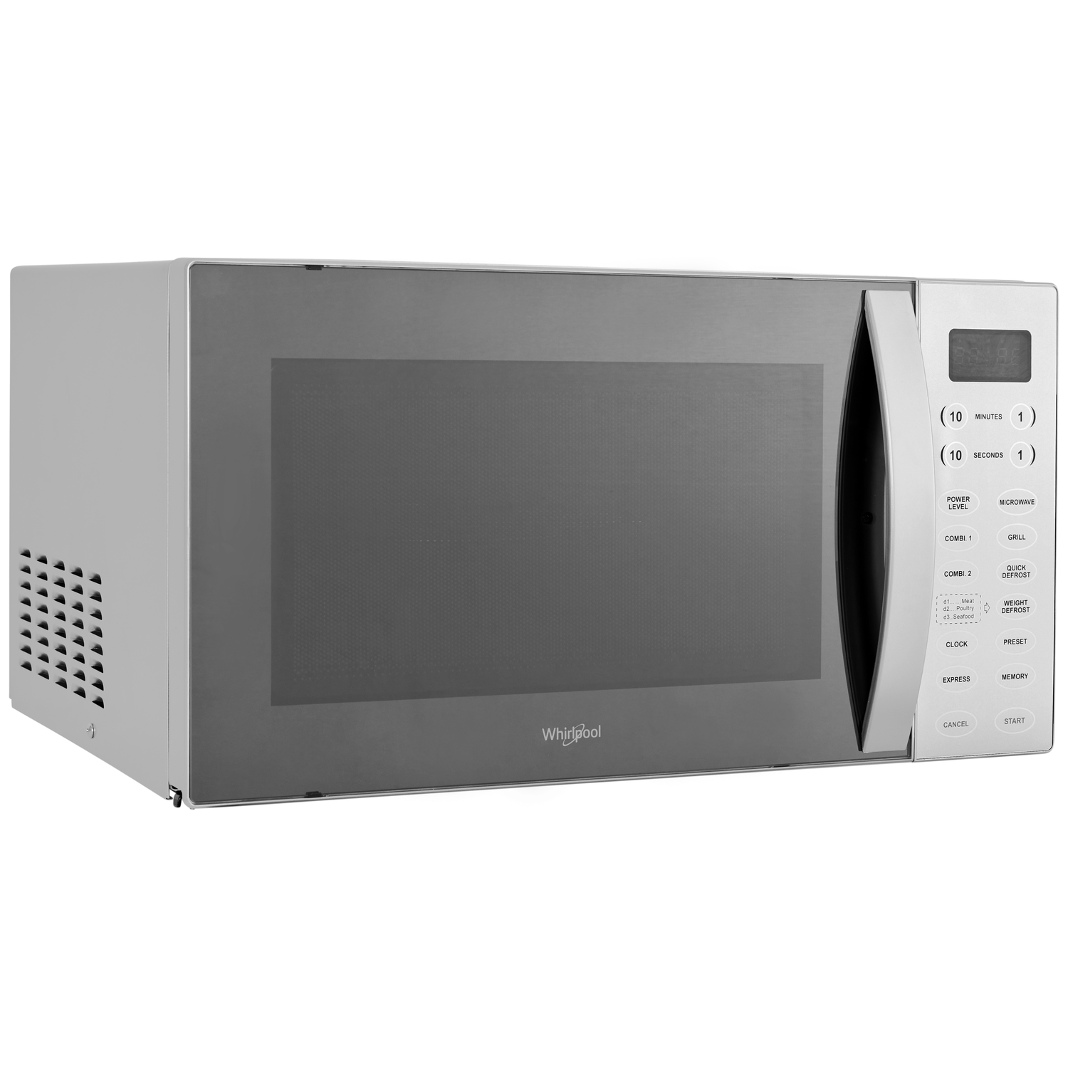 A silver Whirlpool microwave oven with a gray tinted door and digital display.