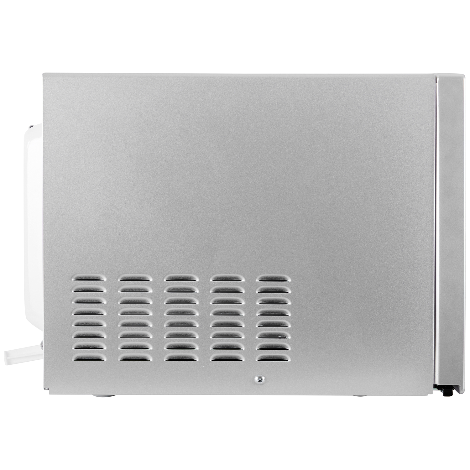 Side view of a silver microwave with vents on the left.