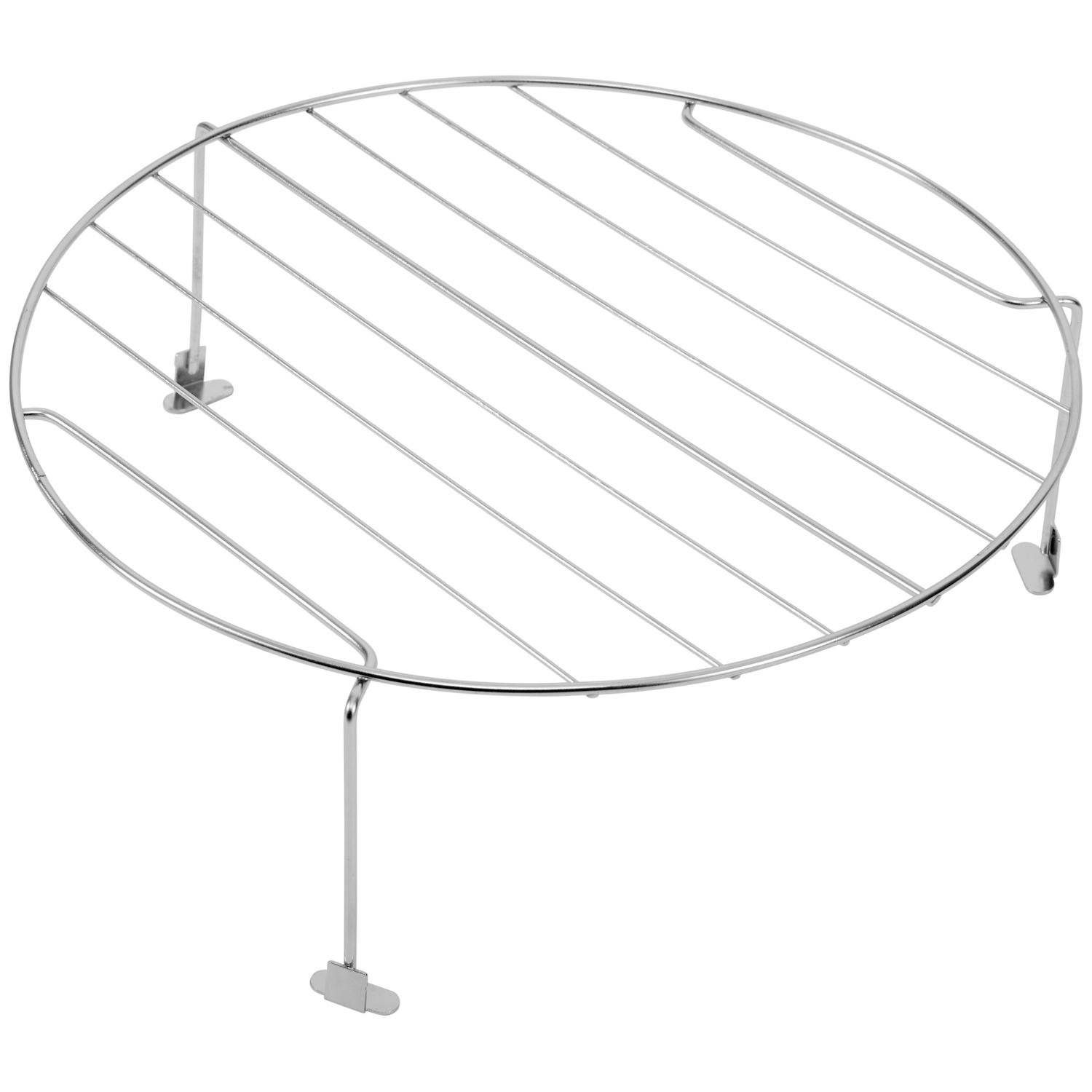 A round, chrome wire rack with three legs. It has parallel bars for support.