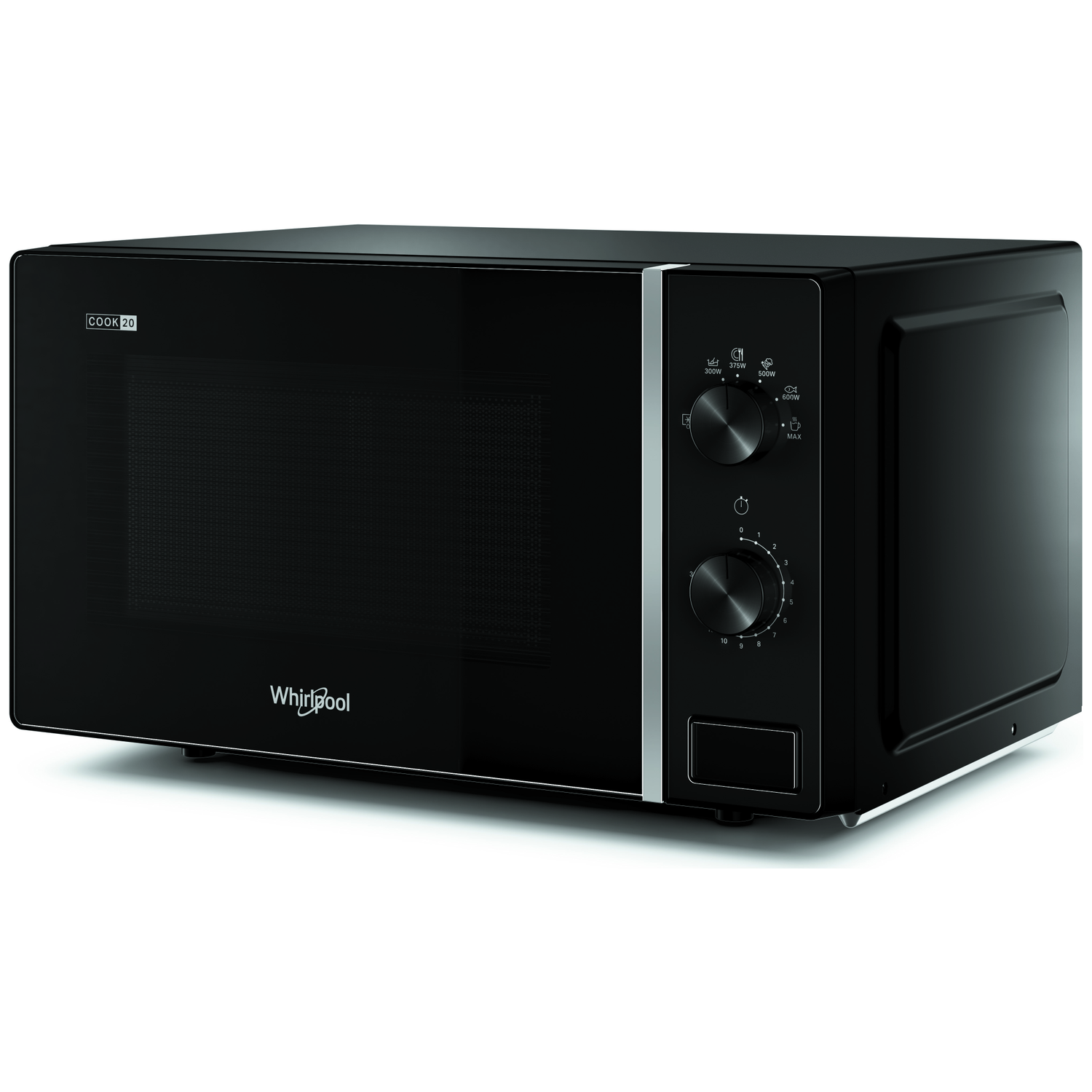 Een zwarte Whirlpool magnetron met glazen deur en bedieningspaneel.