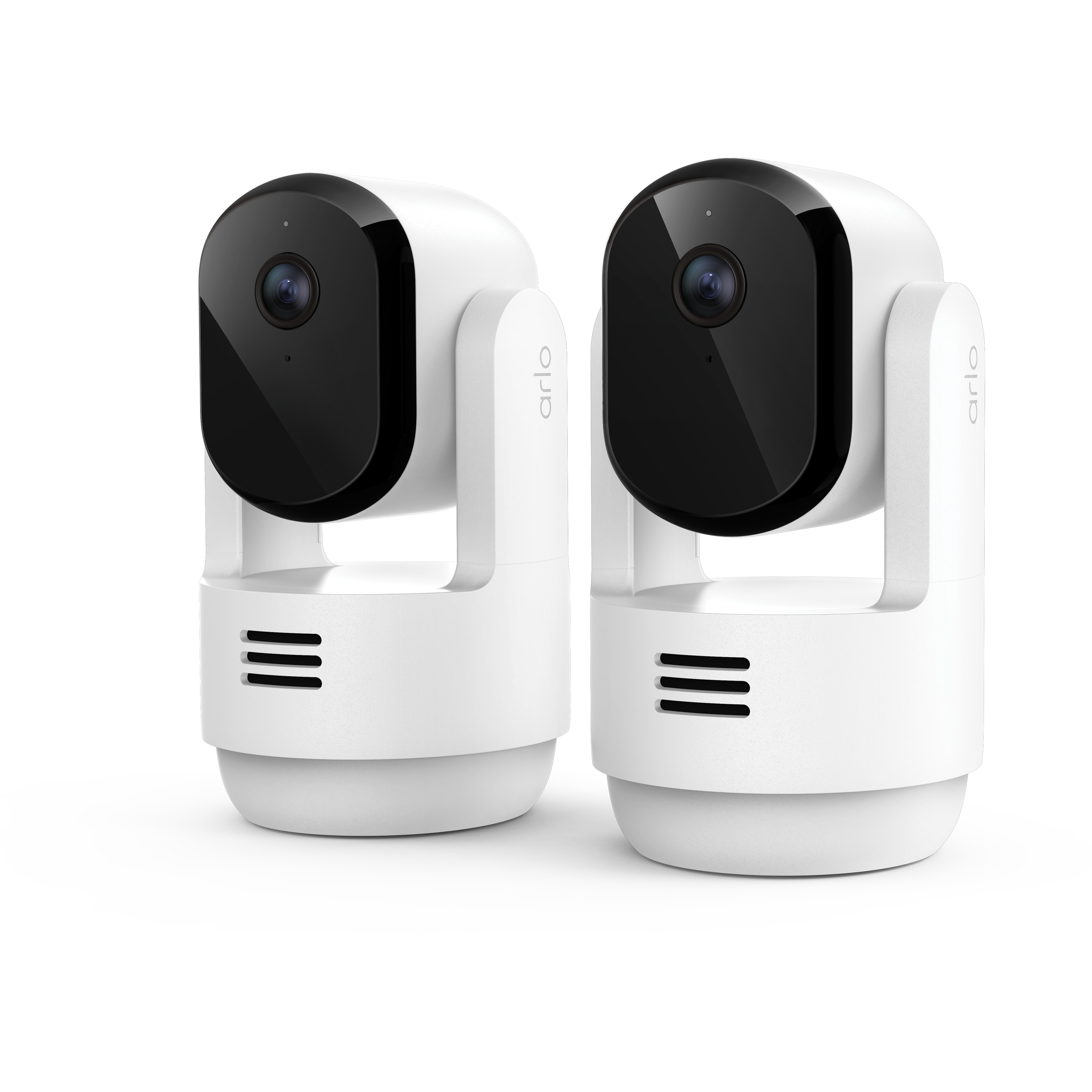 Zwei weiße Arlo-Sicherheitskameras mit schwarzen Vorderseiten und Linsen sind abgebildet.