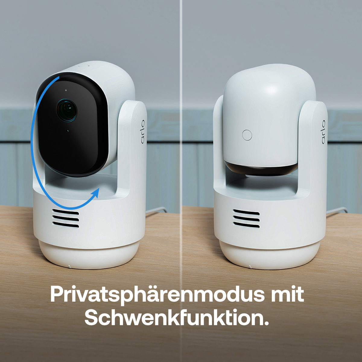 Weiße Arlo-Kamera zeigt Privatsphäremodus mit Schwenkfunktion. Links: Linse sichtbar. Rechts: Linse verborgen.