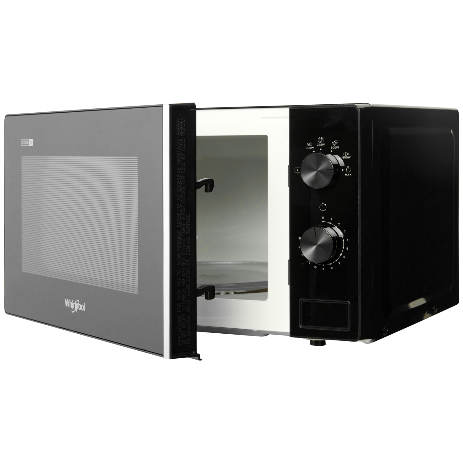 Een zwarte Whirlpool magnetron met de deur op een kier, interieur en bedieningspaneel zichtbaar.
