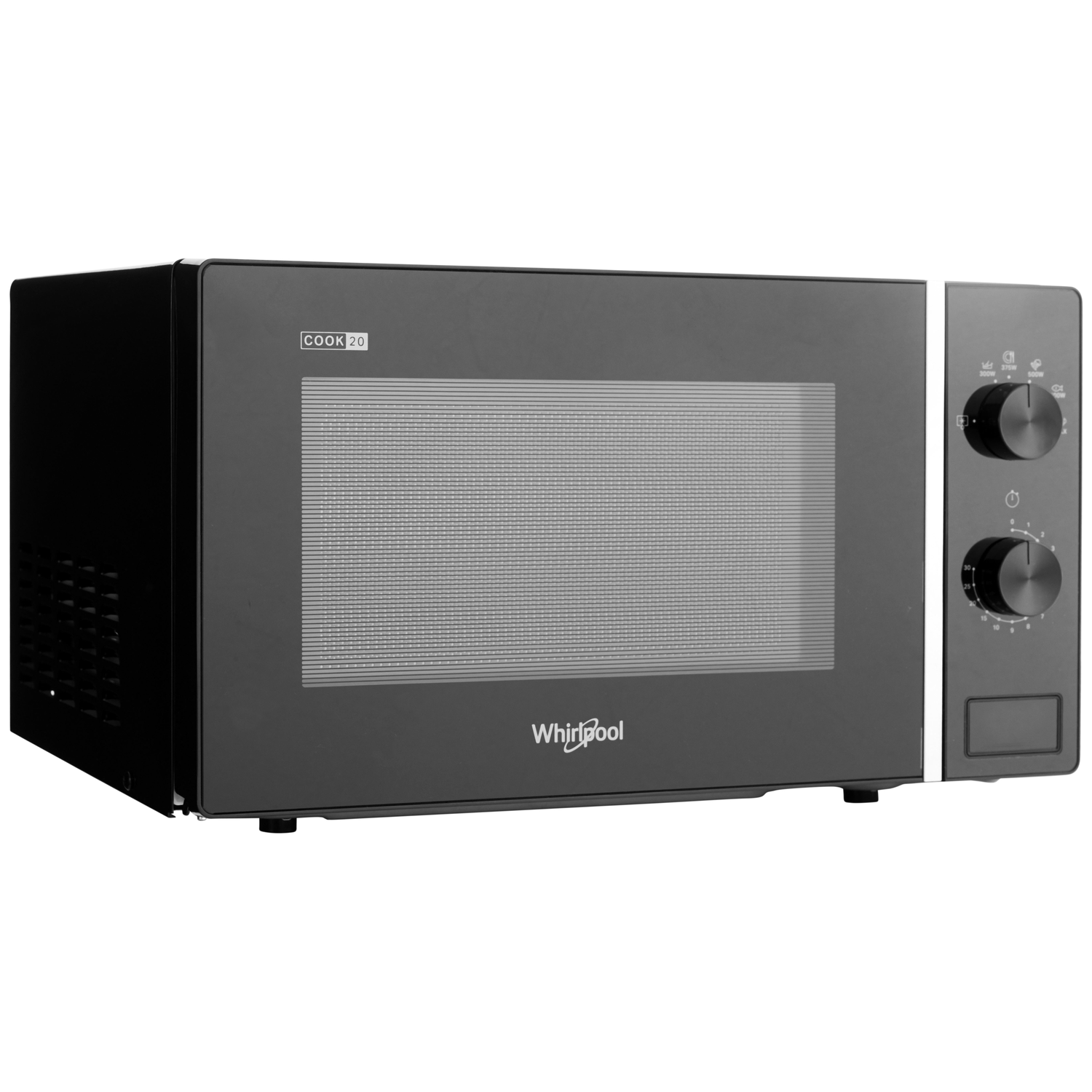 Een zwarte Whirlpool magnetron met glazen deur en zilverkleurig rasterpatroon. Knoppen aan de rechterkant.