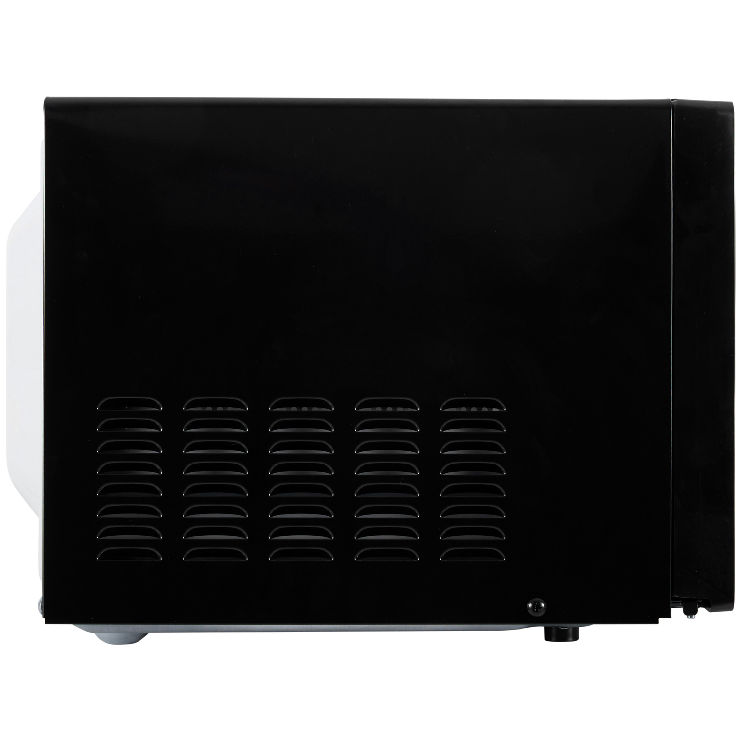 Zijaanzicht van een zwarte magnetron met ventilatiesleuven aan de zijkant.