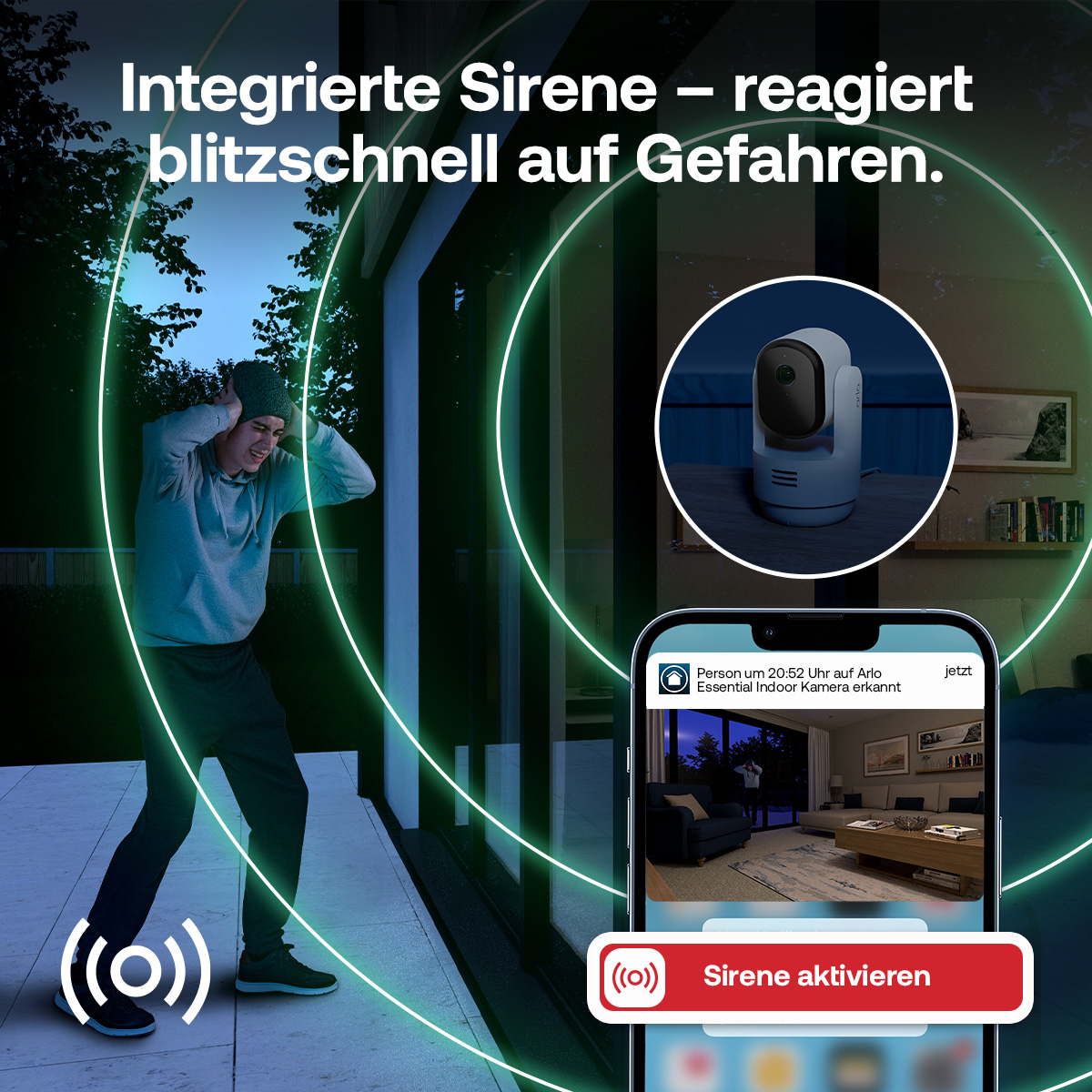 Mann hält sich Ohren zu, Sirene läutet. Handy zeigt Sicherheitswarnung und Sirenenaktivierung.