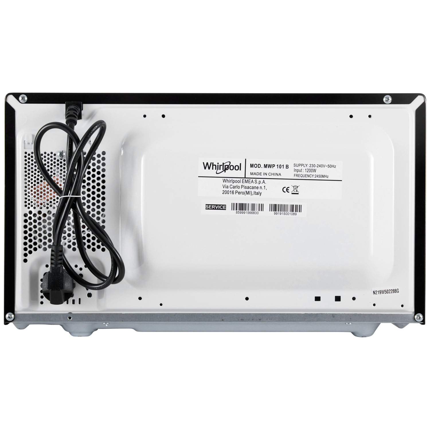 Achterkant van een witte Whirlpool magnetron met netsnoer, ventilatieopeningen en een label met model & specificaties.