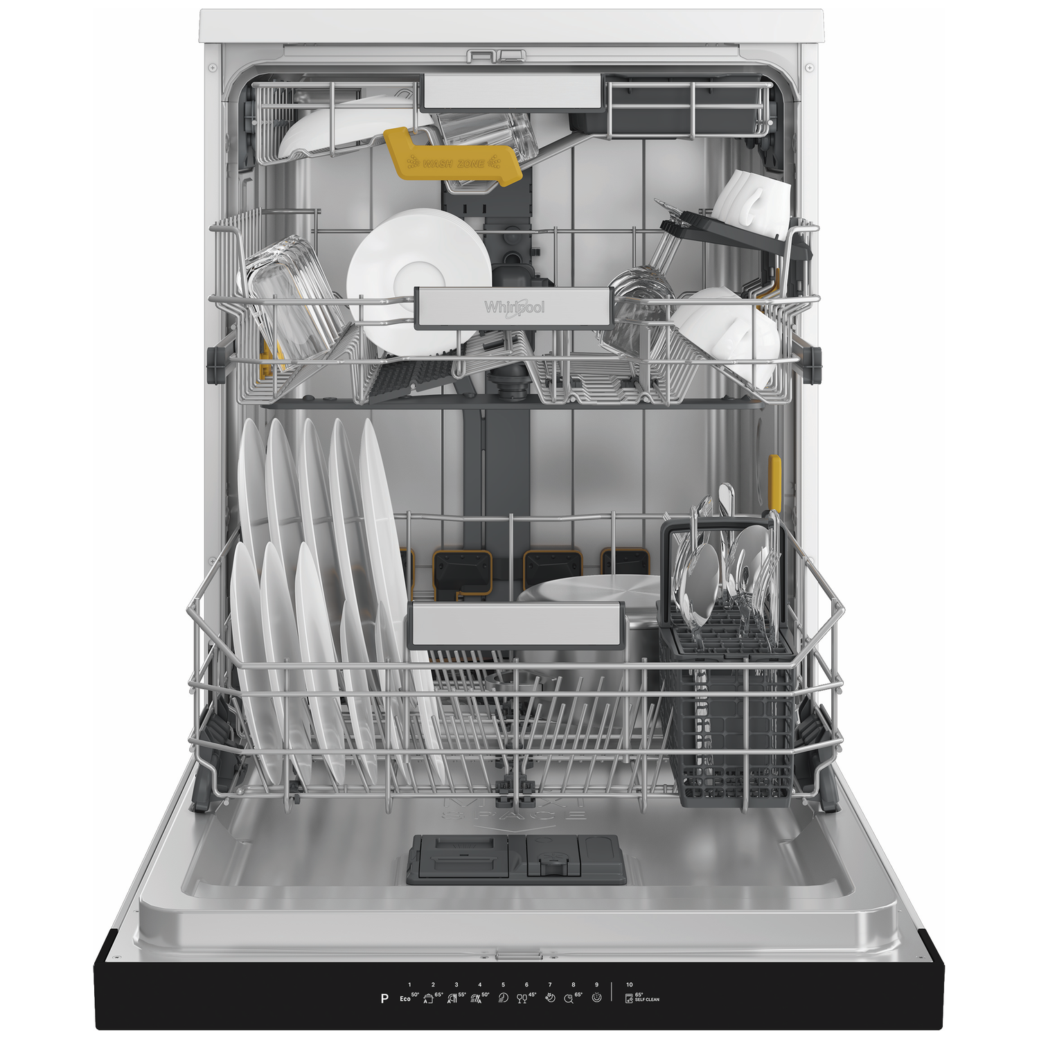 Open dishwasher with three racks loaded with plates, glasses, and cutlery.