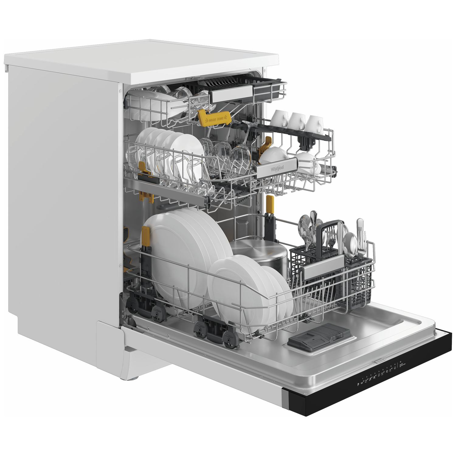 Open white dishwasher with clean dishes, glasses, and cutlery arranged in racks.