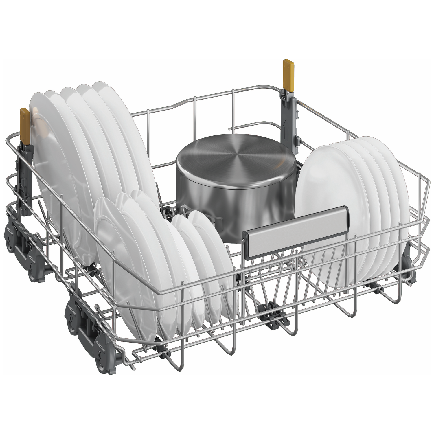 Dishwasher rack with white plates, a pot, and cutlery basket.