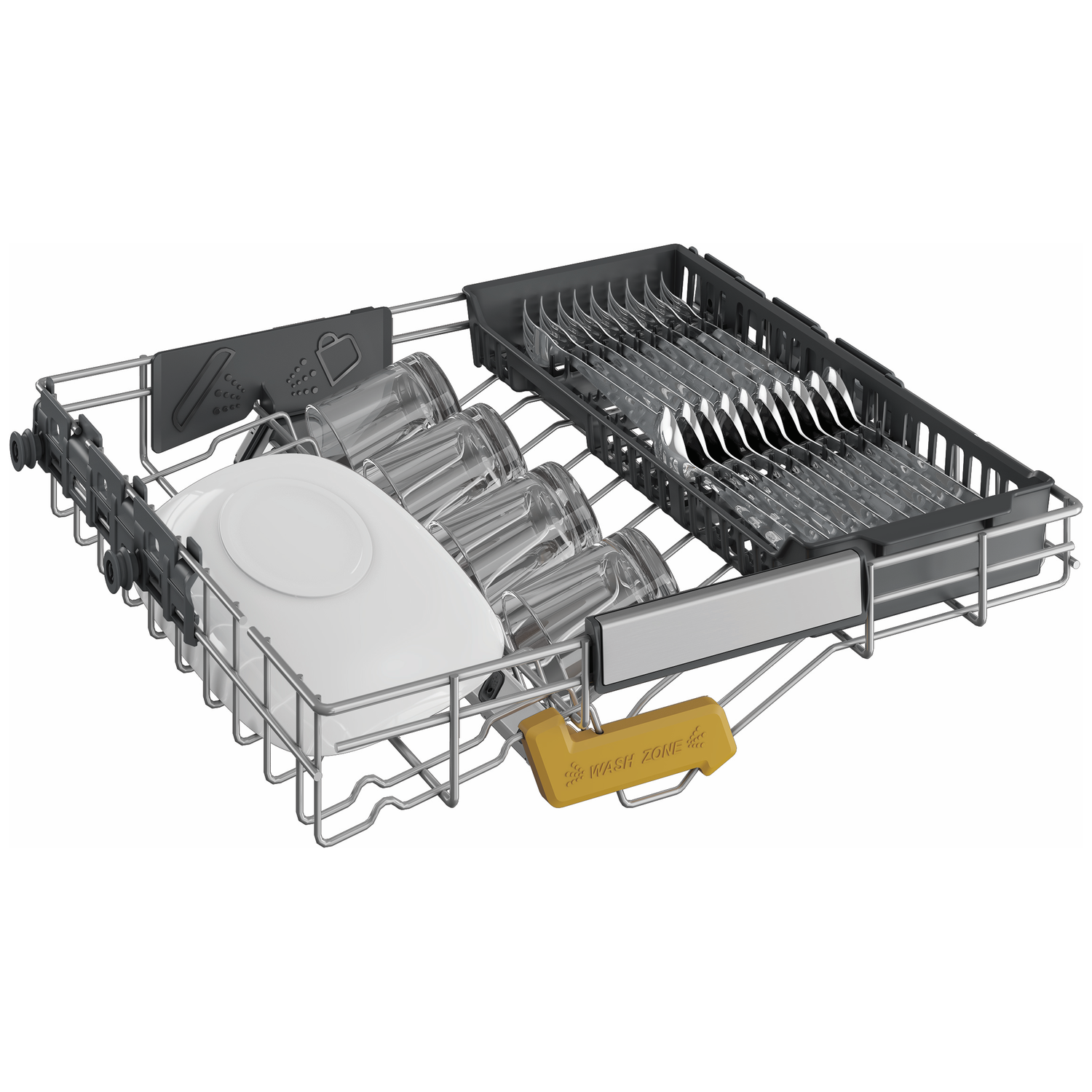 Dishwasher rack with glasses, plates, and cutlery. Includes a yellow handle labeled 'WASH ZONE'.