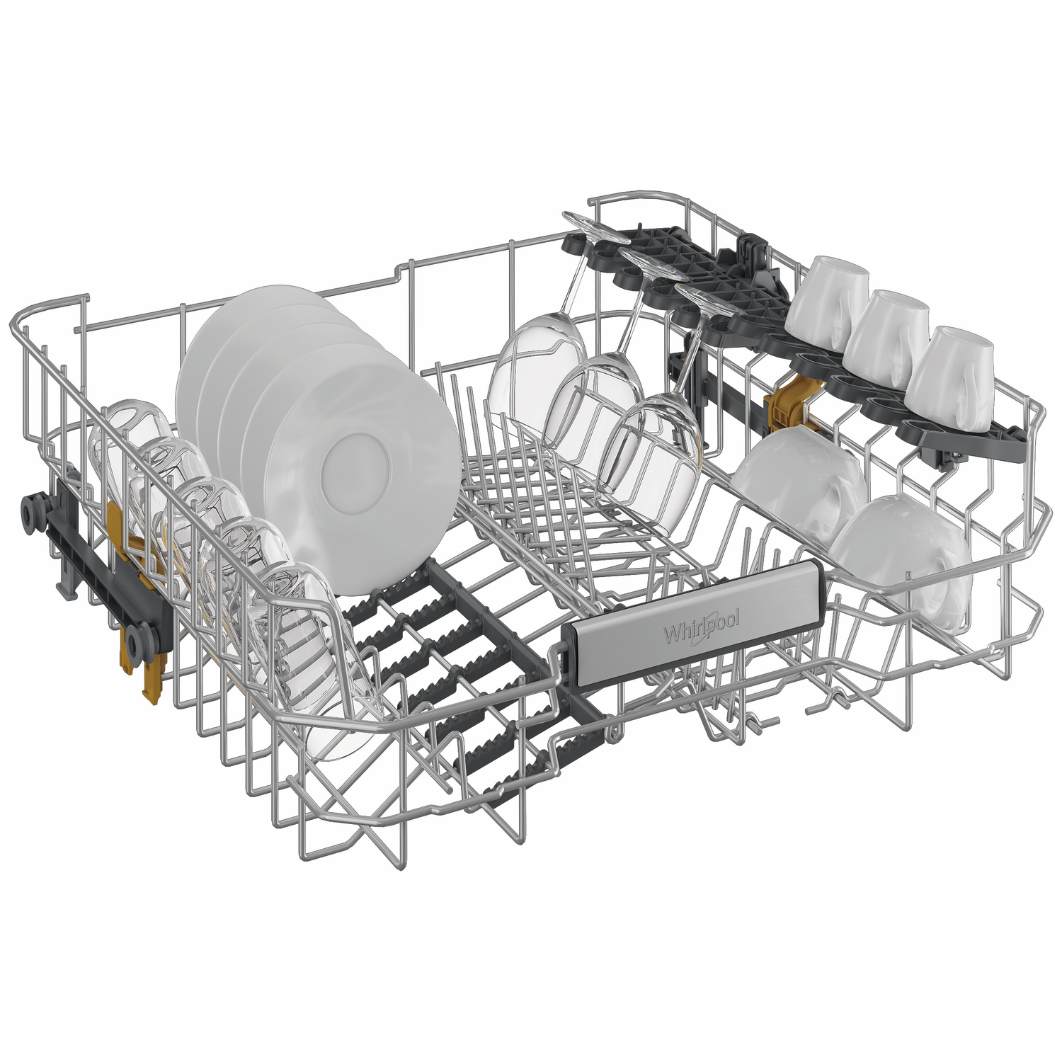 Dishwasher rack with plates, glasses, and cups. White background.