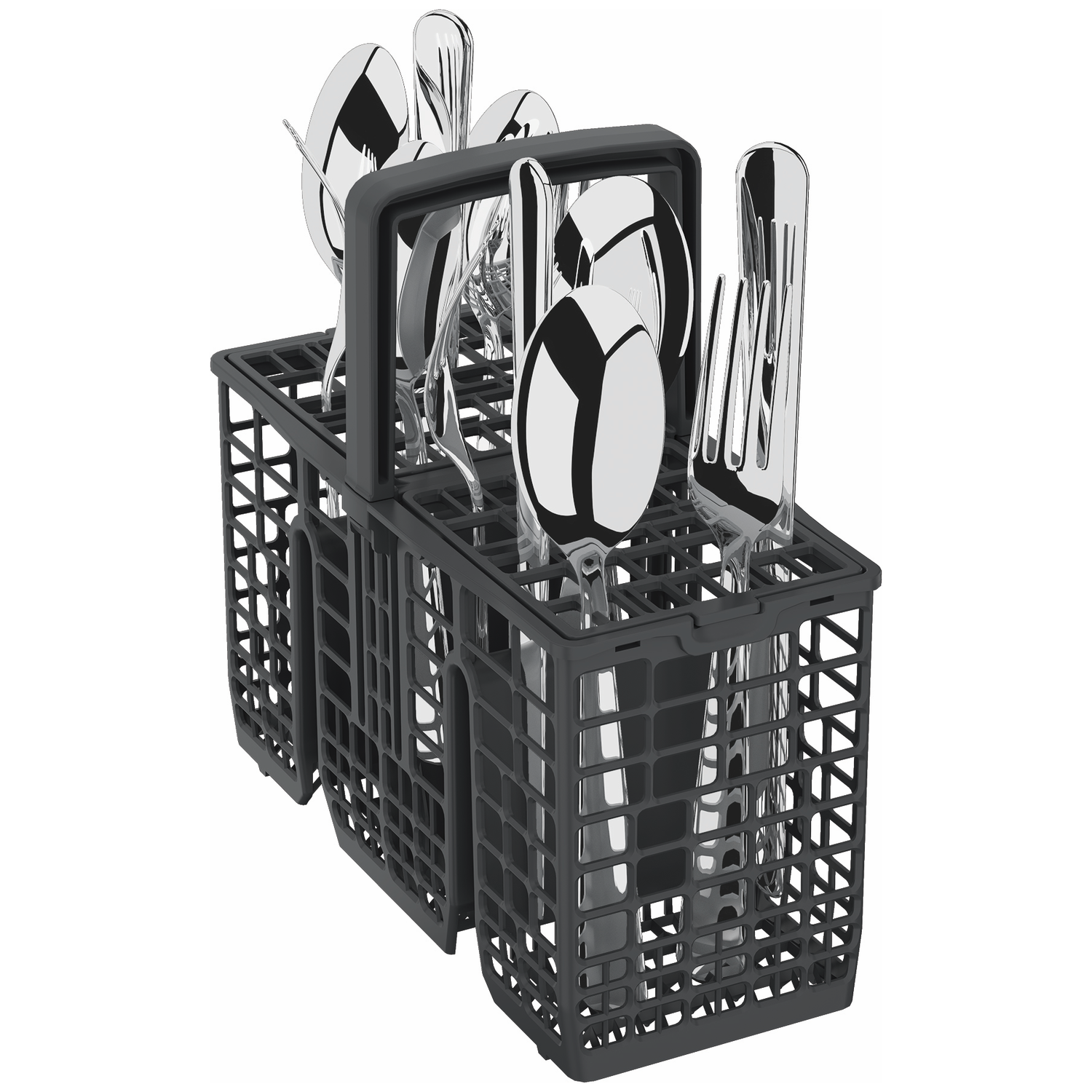 A gray dishwasher cutlery basket filled with shiny silverware, including spoons and forks.
