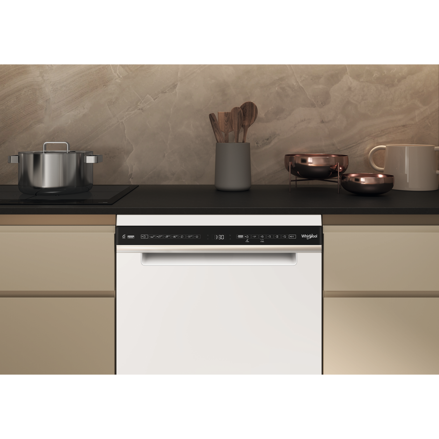 A white Whirlpool dishwasher with a digital display in a modern kitchen.