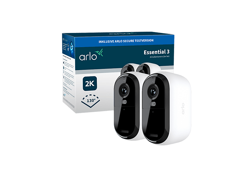 Arlo Essential 3 2K, Netzwerkkamera (für Außen, Nachtsichtfunktion, Akkubetrieb, Neigbar, Schwenkbar, 2K, Weiss)