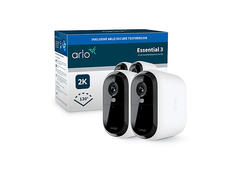 Arlo Essential 3 XL 2K, Netzwerkkamera (für Außen, Nachtsichtfunktion, Akkubetrieb, Neigbar, Schwenkbar, 2K, Weiss)