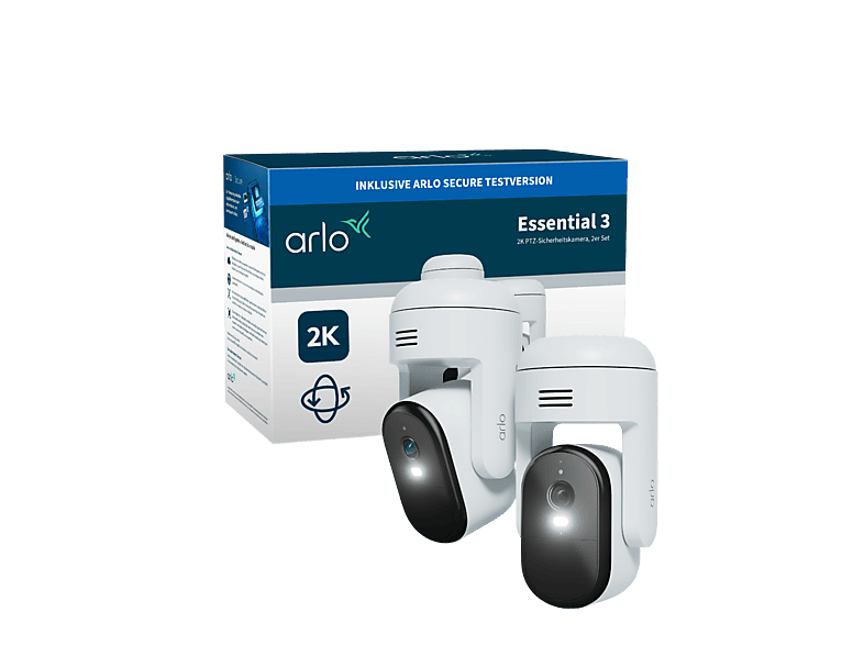 Arlo Essential 3 HD PTZ, Netzwerkkamera (für Außen, Nachtsichtfunktion, Netzbetrieb, Neigbar, Schwenkbar, 2K, Weiss)