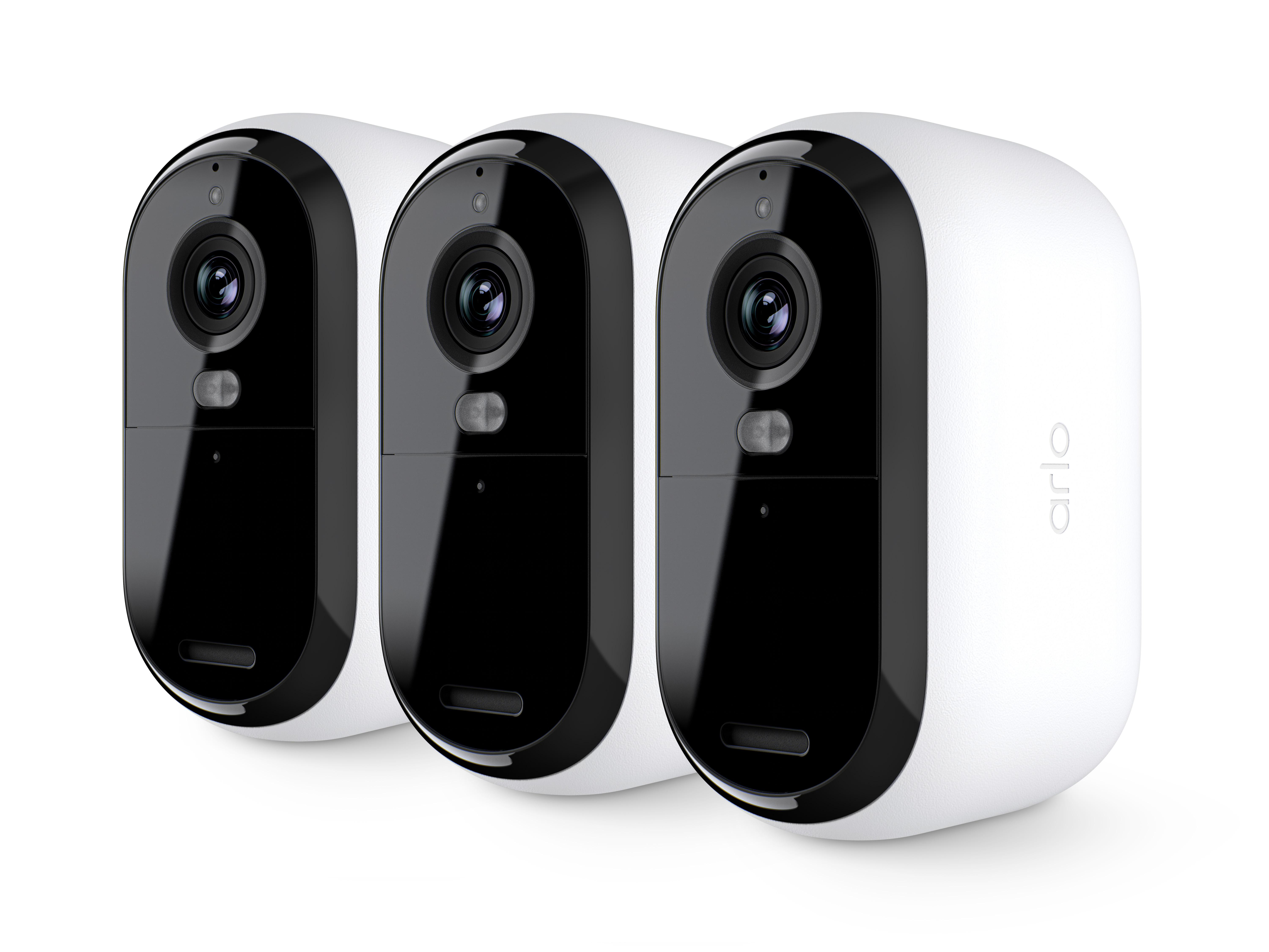 Drei weiße Arlo-Überwachungskameras mit schwarzen Akzenten sind in einer Reihe angeordnet.