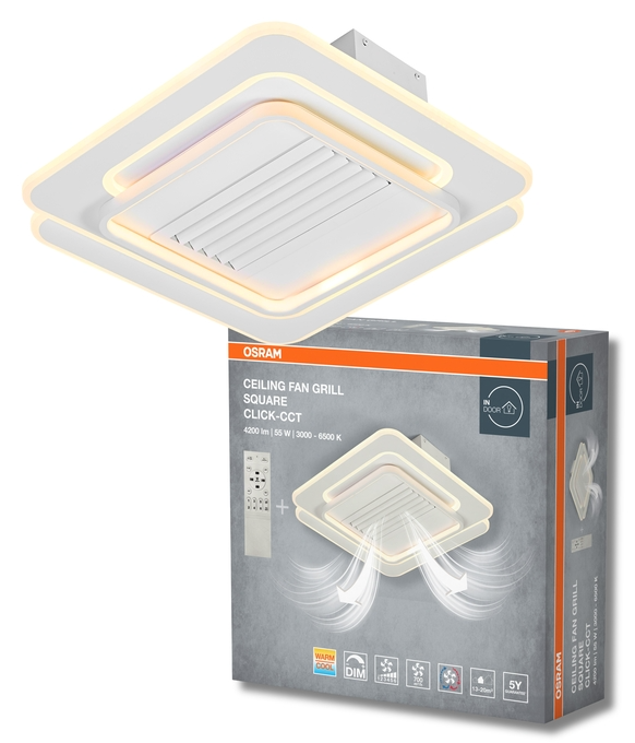 Fehér Osram mennyezeti ventilátorrács világítással és távirányítóval a dobozán.