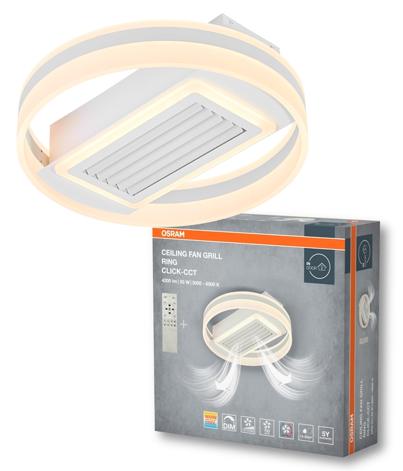 OSRAM mennyezeti ventilátorrács gyűrű távirányítóval. Fehér, modern LED dizájn.
