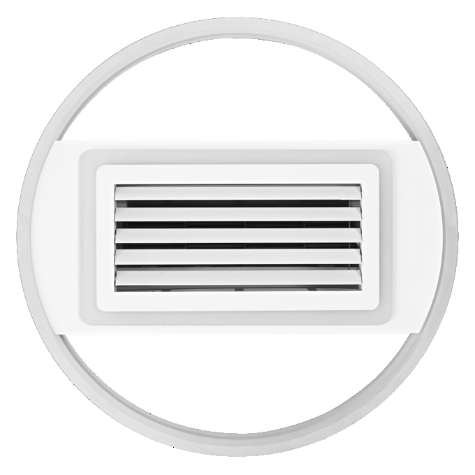 Egy fehér légkiömlő vízszintes lamellákkal, kör alakú keretben.