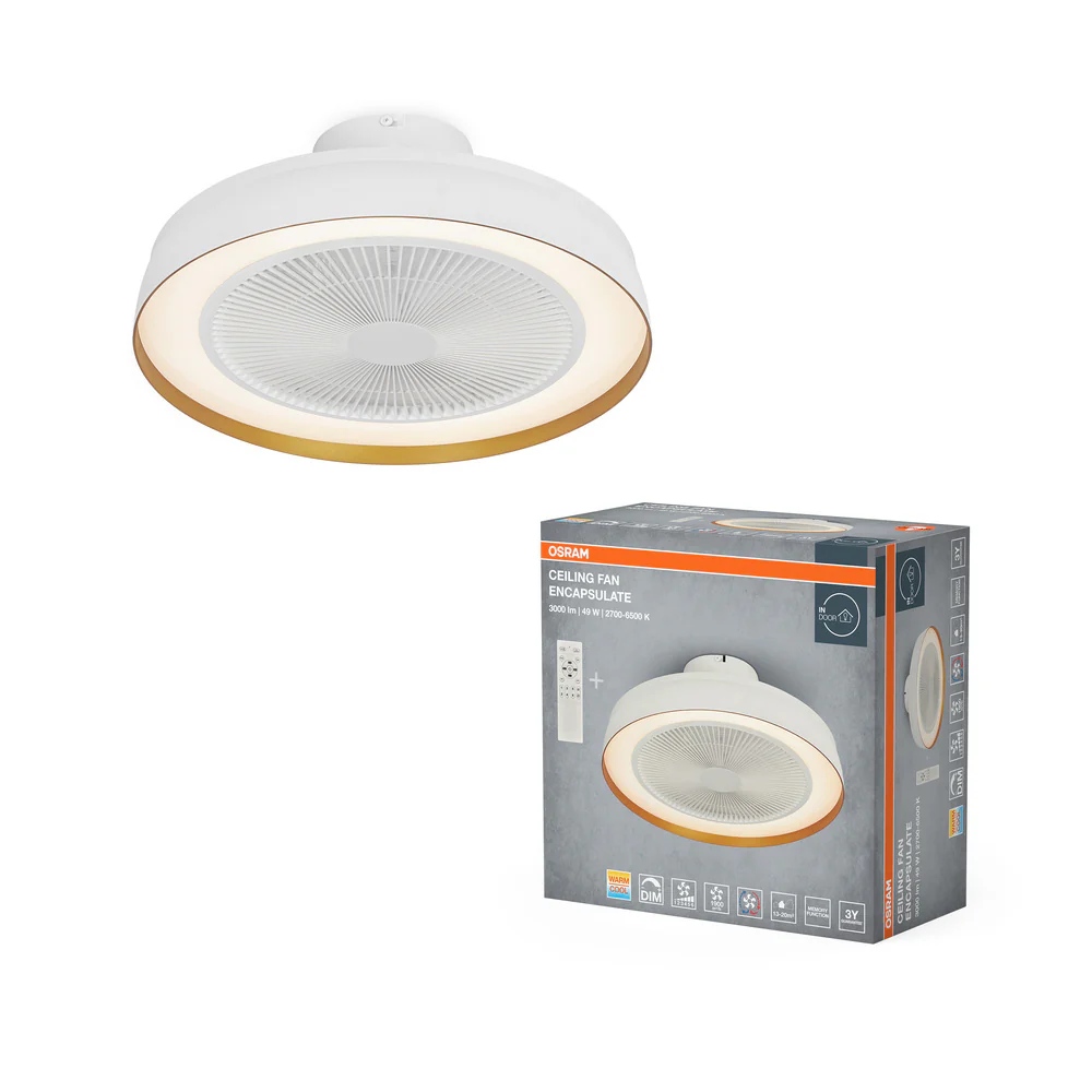 Fehér Osram mennyezeti ventilátor beépített világítással és távirányítóval, csomagolással.