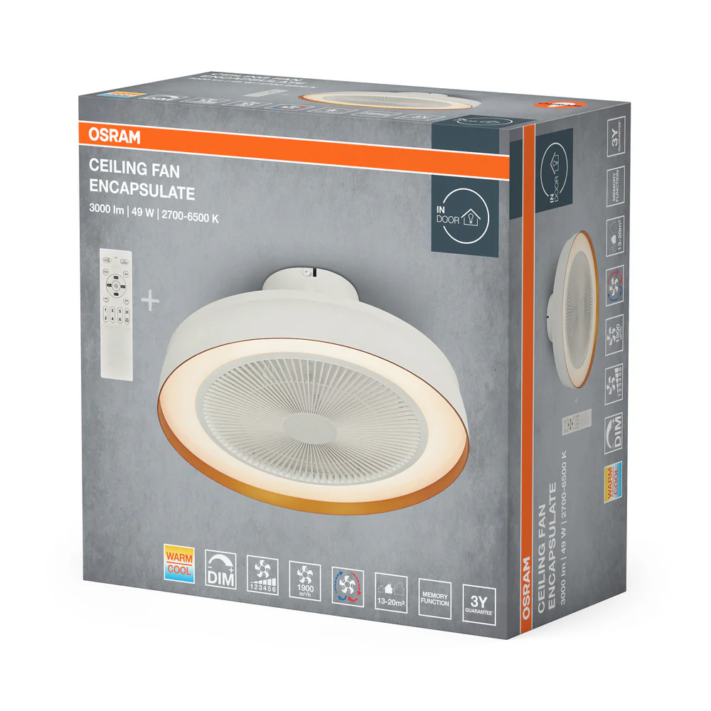 OSRAM mennyezeti ventilátor doboz ventilátorral, távirányítóval és termékinformációkkal. Fénygyűrű a ventilátor körül.