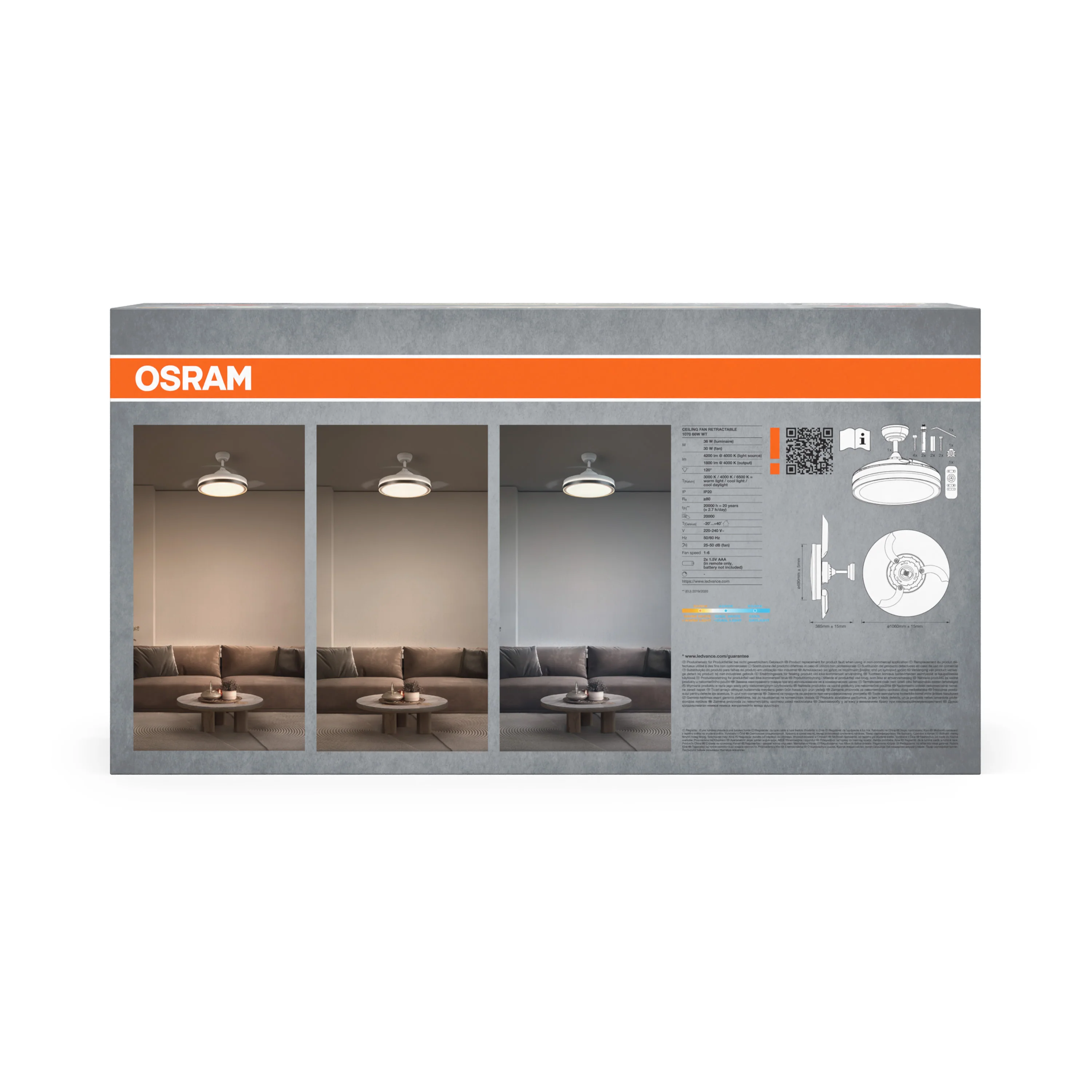 OSRAM mennyezeti ventilátor világítással, 3 beállításban látható. Specifikációk és diagramok láthatók.