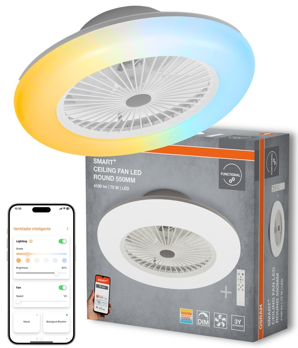 Okos mennyezeti ventilátor LED fénnyel, termékdobozával és telefonos app vezérléssel.