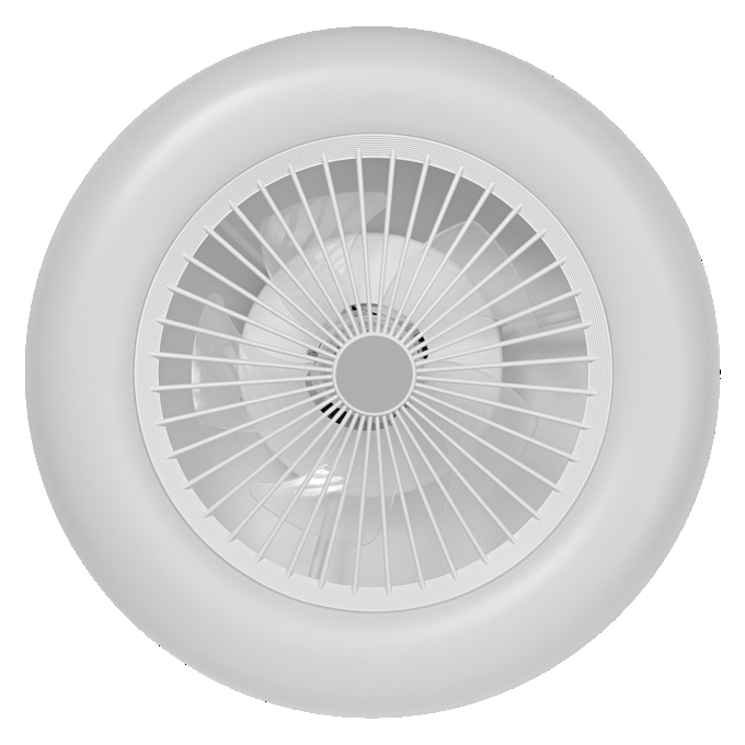 Egy fehér ventilátor kerek ráccsal és lapátokkal.