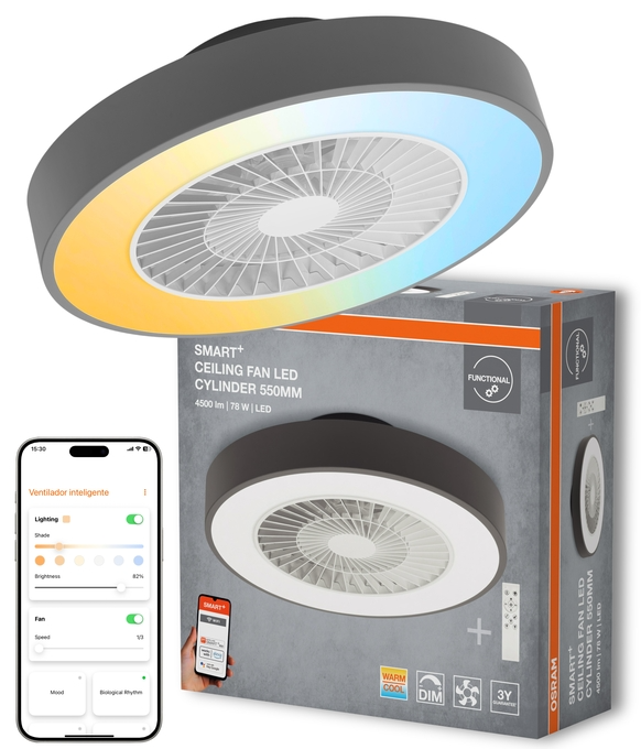Okos mennyezeti ventilátor LED fénnyel és okostelefonos alkalmazás kijelzővel.