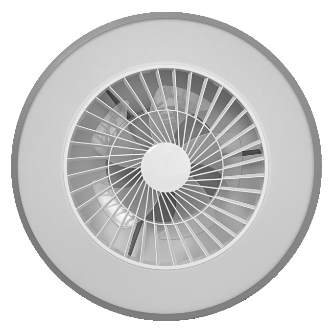Egy kerek mennyezeti ventilátor fehér lapátokkal és szürke külső gyűrűvel.