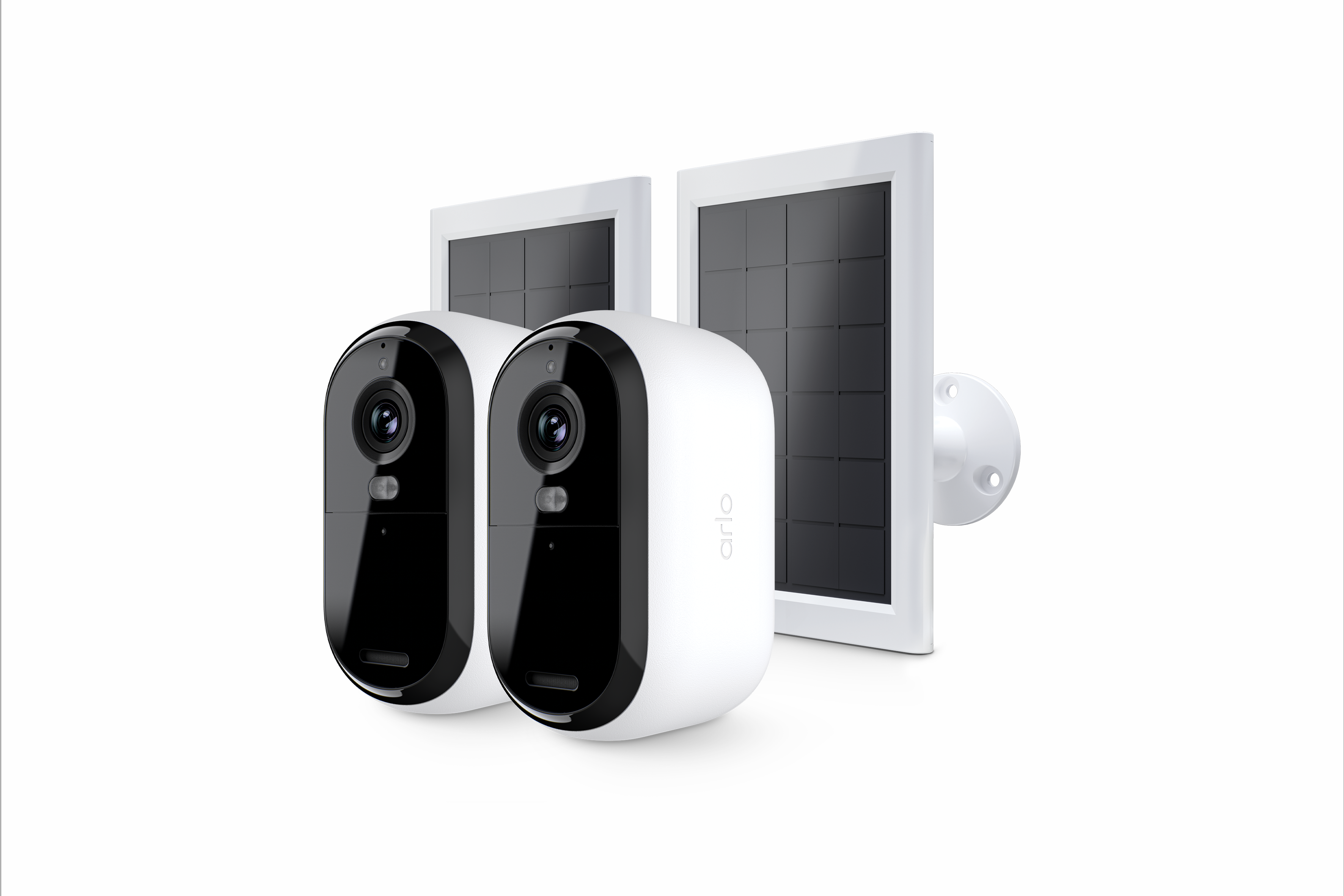 Zwei weiße Arlo-Sicherheitskameras mit schwarzen Vorderseiten und zwei Solarpanels.