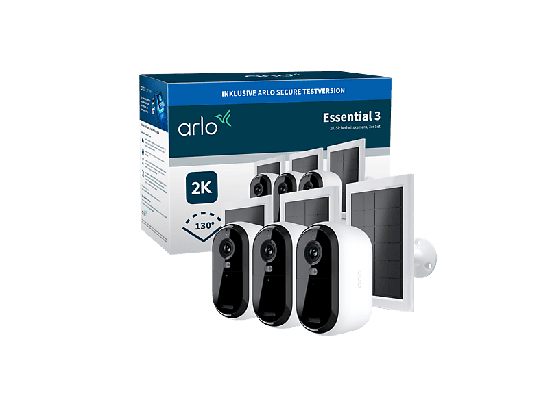 Arlo Essential 3 2K, Netzwerkkamera + Solarpanel (für Außen, Nachtsichtfunktion, Akkubetrieb, Neigbar, Schwenkbar, 2K, Weiss)