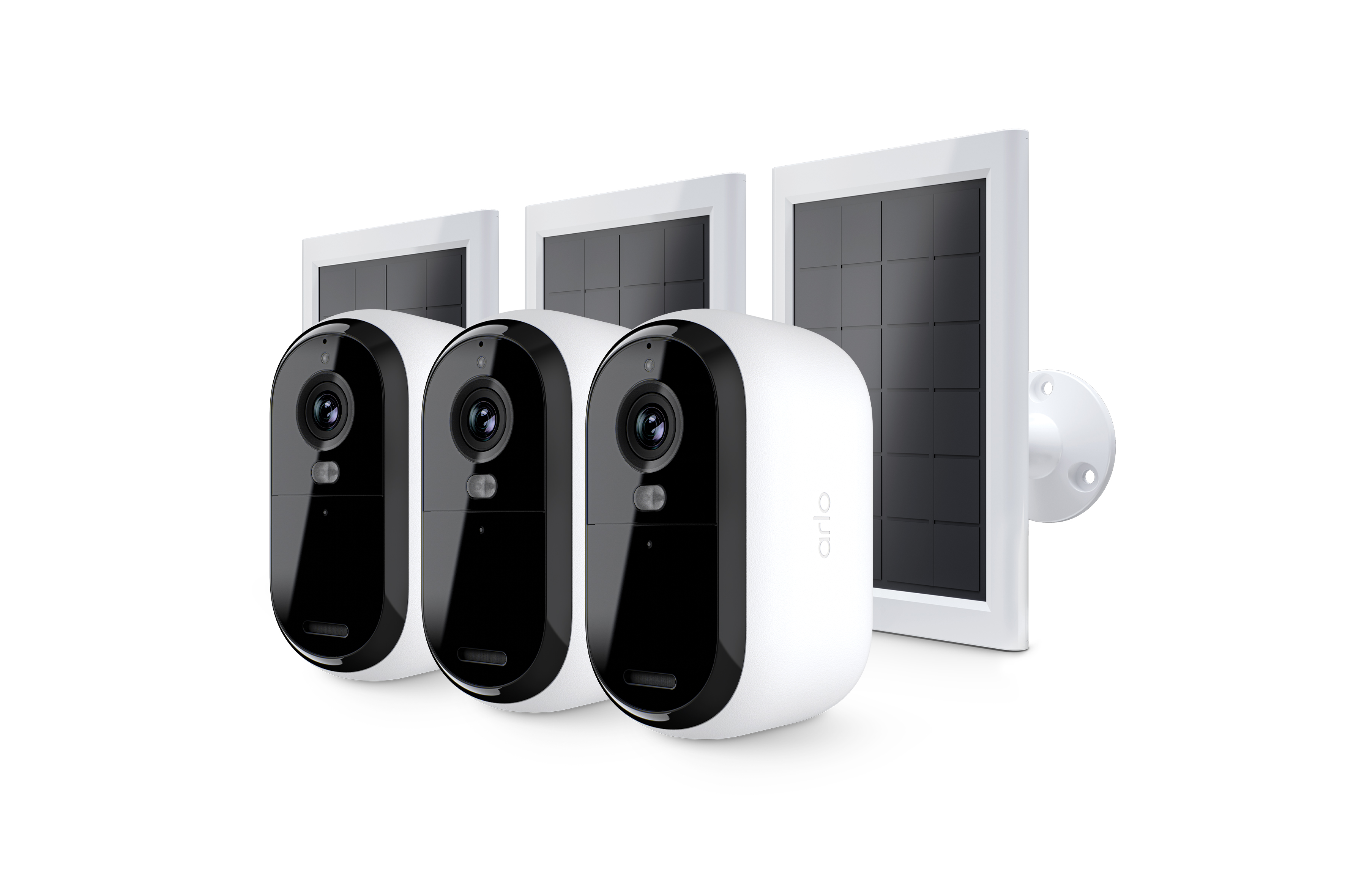Drei weiße Arlo-Sicherheitskameras mit schwarzen Fronten und Solarpanels auf weißem Hintergrund.