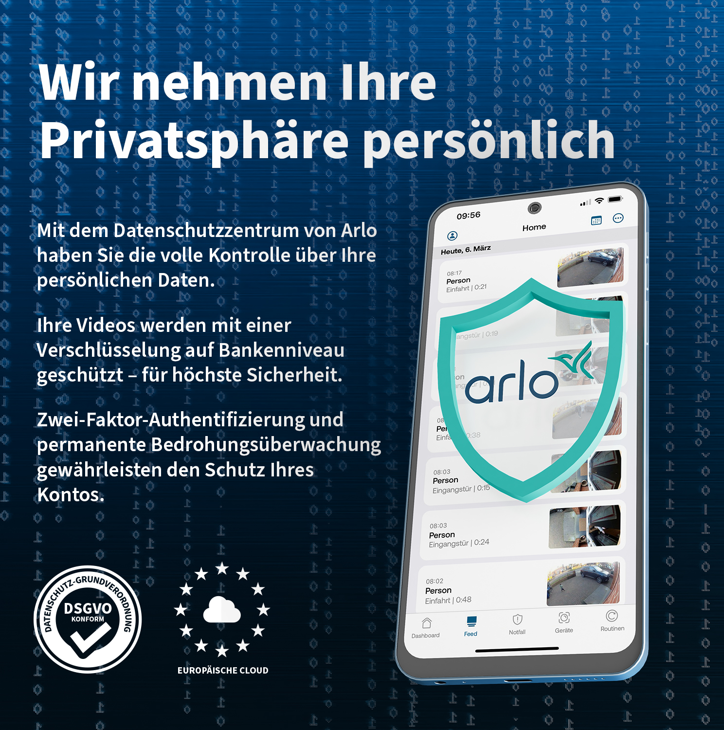Arlo App auf dem Handy zeigt Sicherheitsfeed mit Schild-Overlay. Text über Privatsphäre.