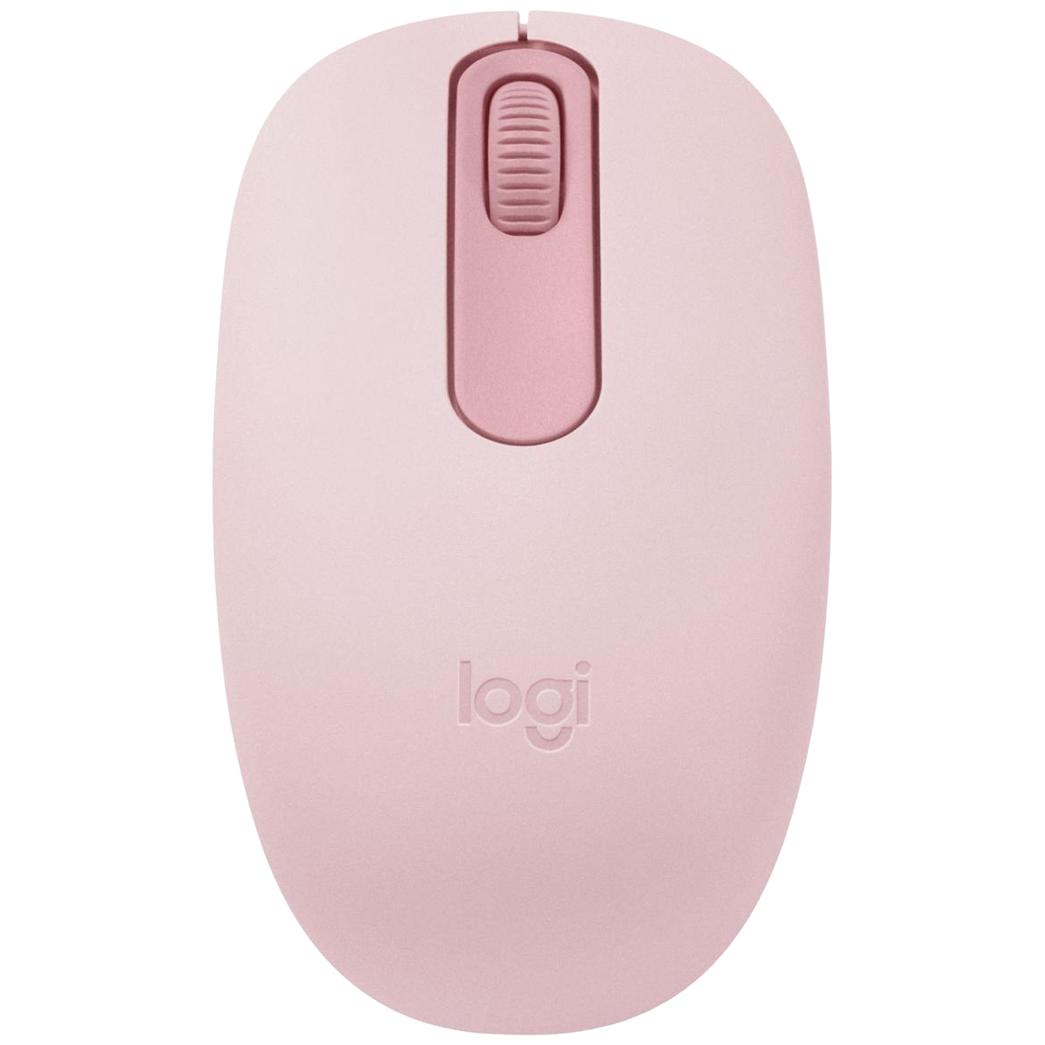 Une souris d'ordinateur Logitech rose avec une molette et un logo est présentée.