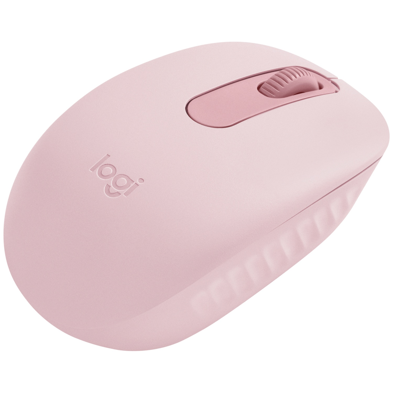 Une souris d'ordinateur Logitech rose avec une molette rose est sur fond blanc.