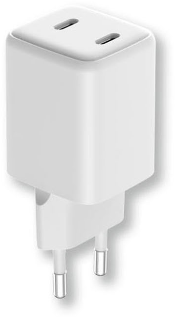 Un caricabatterie da muro USB bianco con due porte in alto e due pin metallici.
