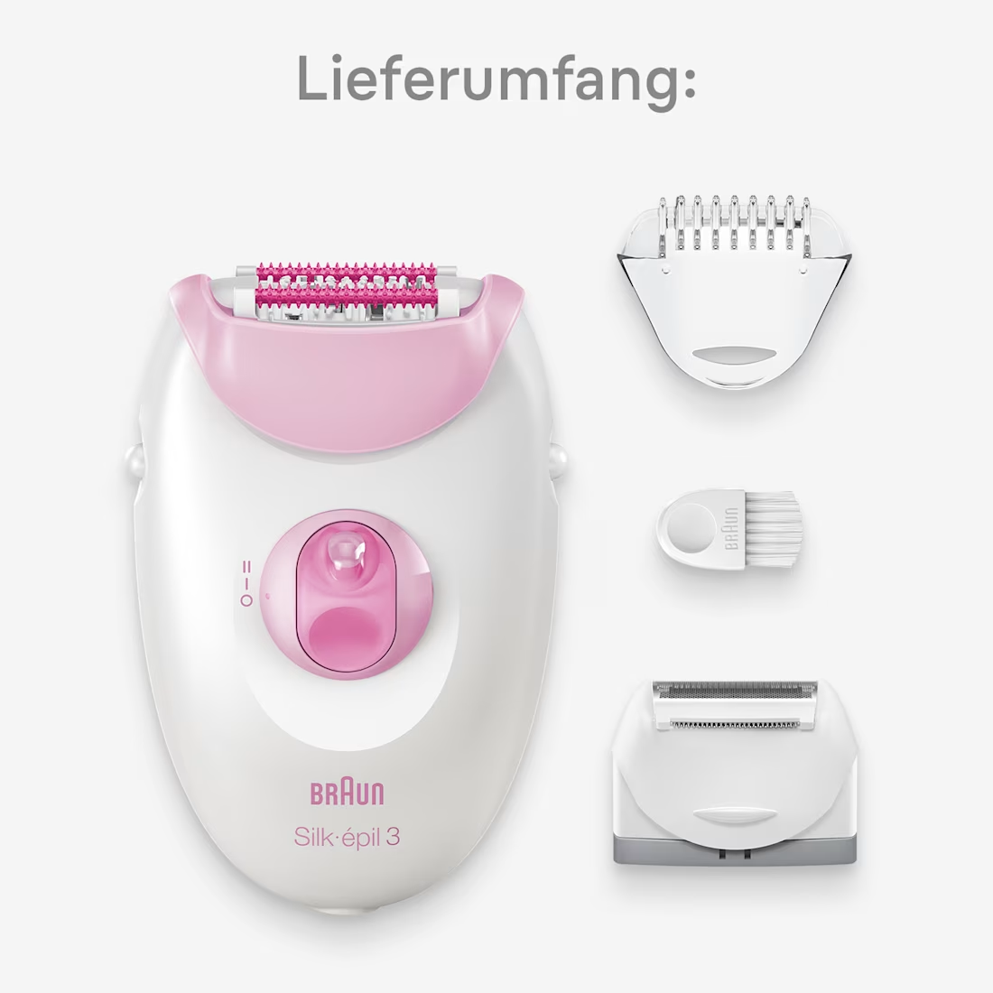 Un epilatore bianco e rosa con tre accessori su sfondo grigio.