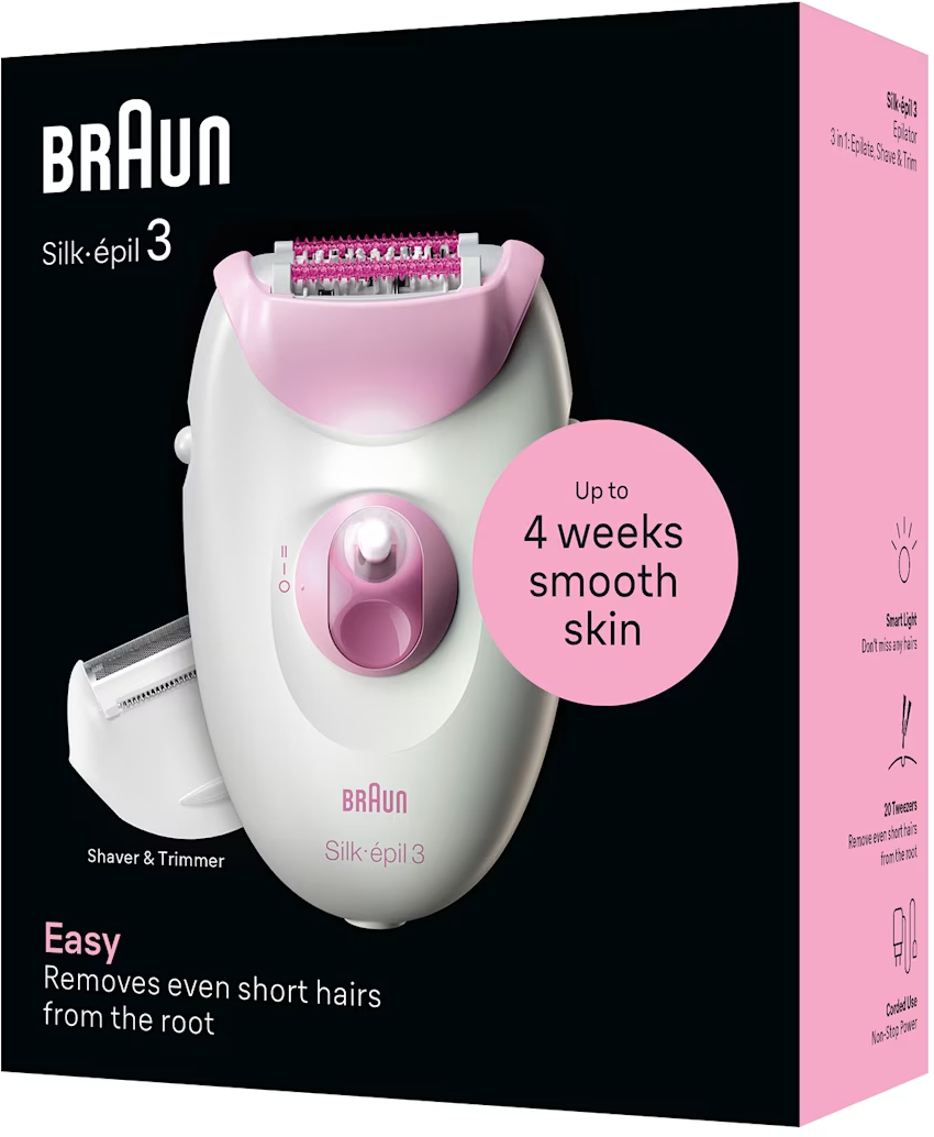 Braun Silk-épil 3 Epilierer, Rasierer und Trimmer in Weiß und Rosa. Bietet 4 Wochen glatte Haut.