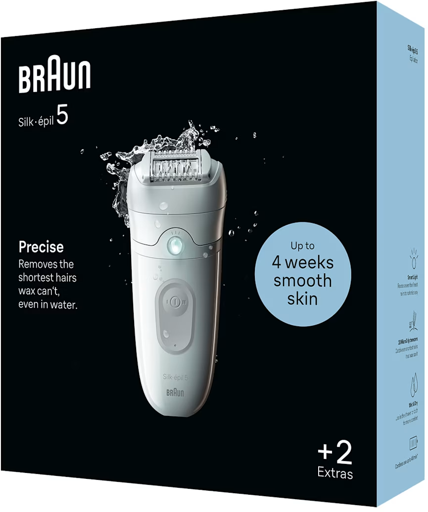 Braun Silk-épil 5 Epilierer auf schwarzem Hintergrund mit Wasserspritzern. Text: Präzise, Bis zu 4 Wochen glatte Haut.
