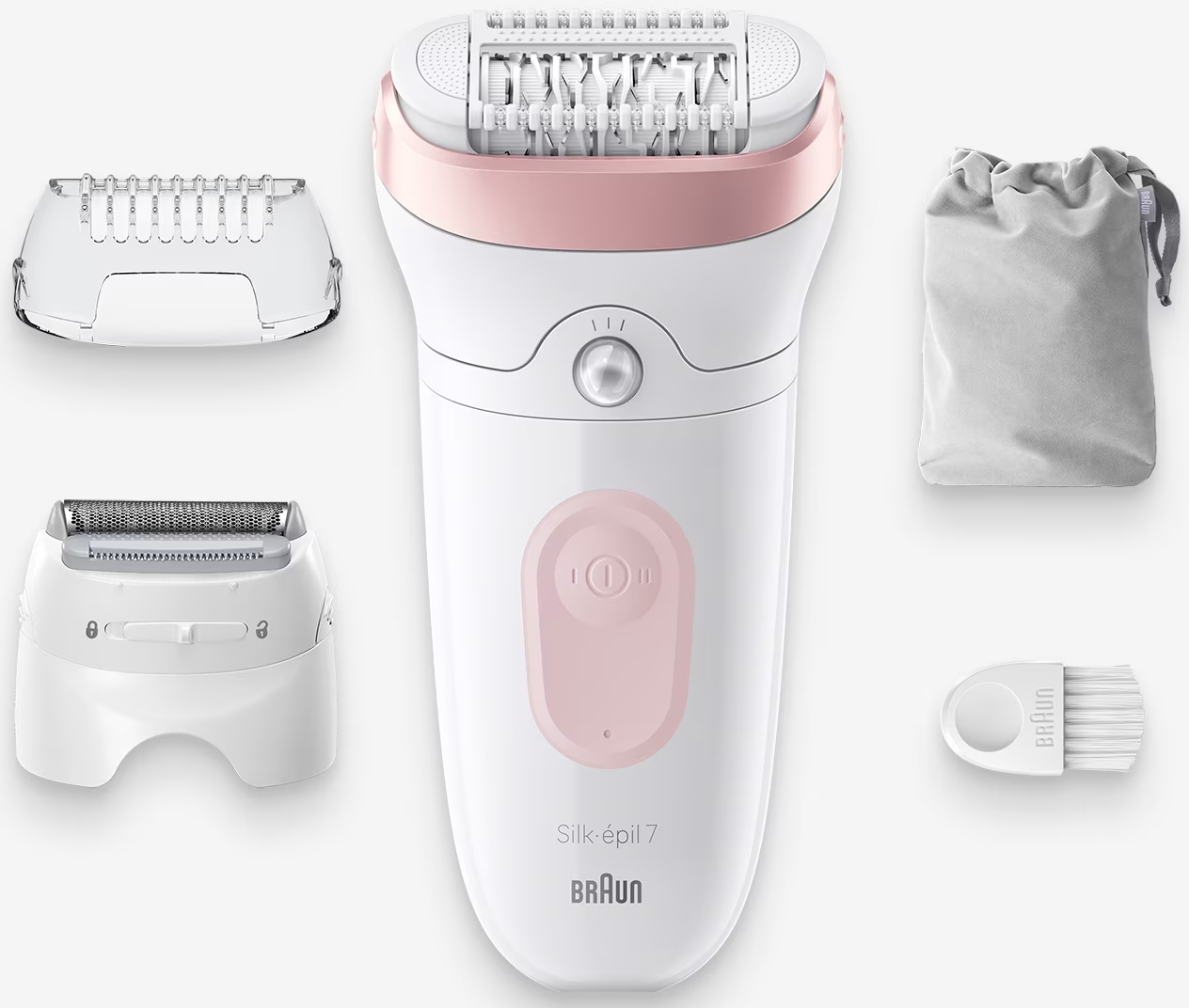 Braun Silk-épil 7 Epilierer mit Aufsätzen: Rasierer, Trimmer, Kappe, Beutel und Bürste.