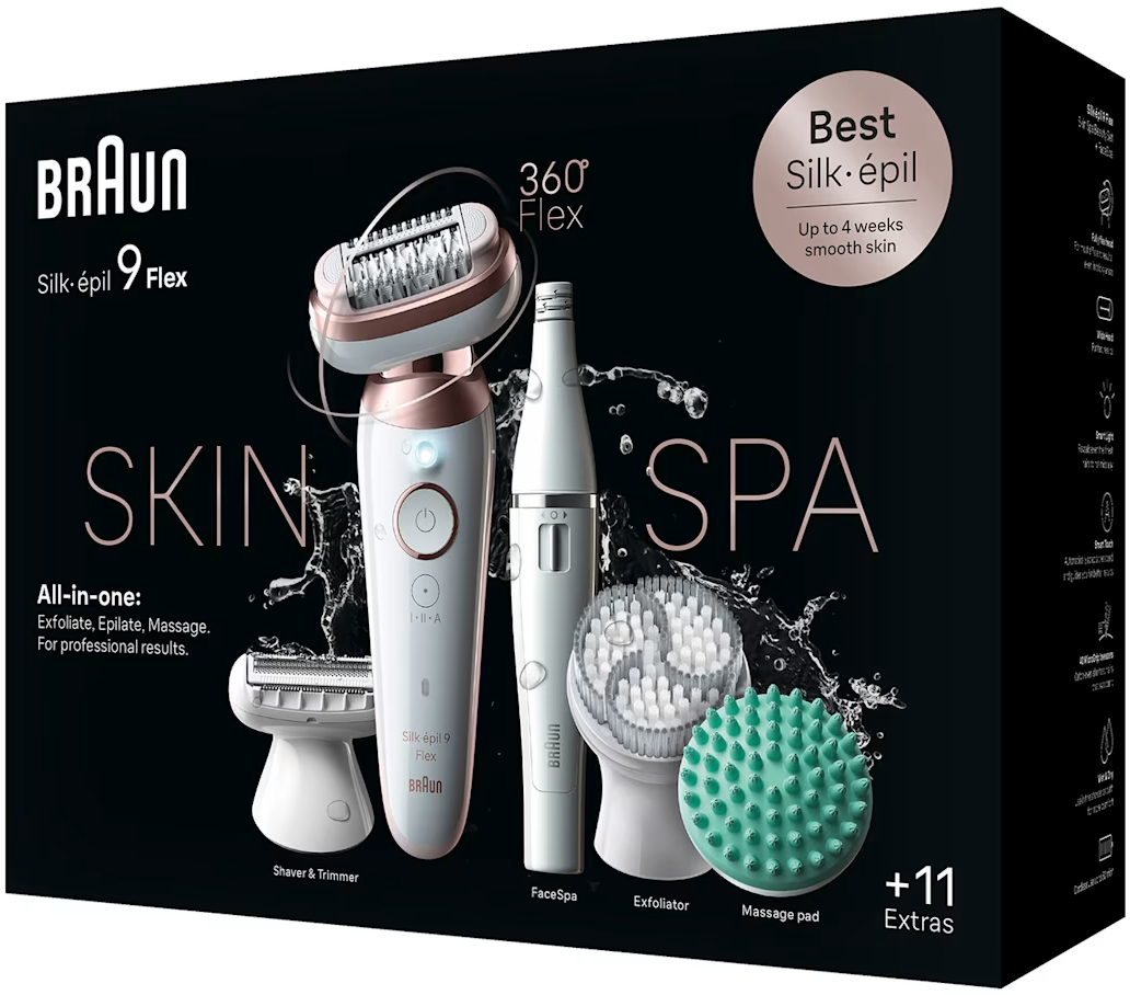 Braun Silk-épil 9 Flex Set mit Epilierer, Rasierer, FaceSpa, Exfoliator, Massagepad.