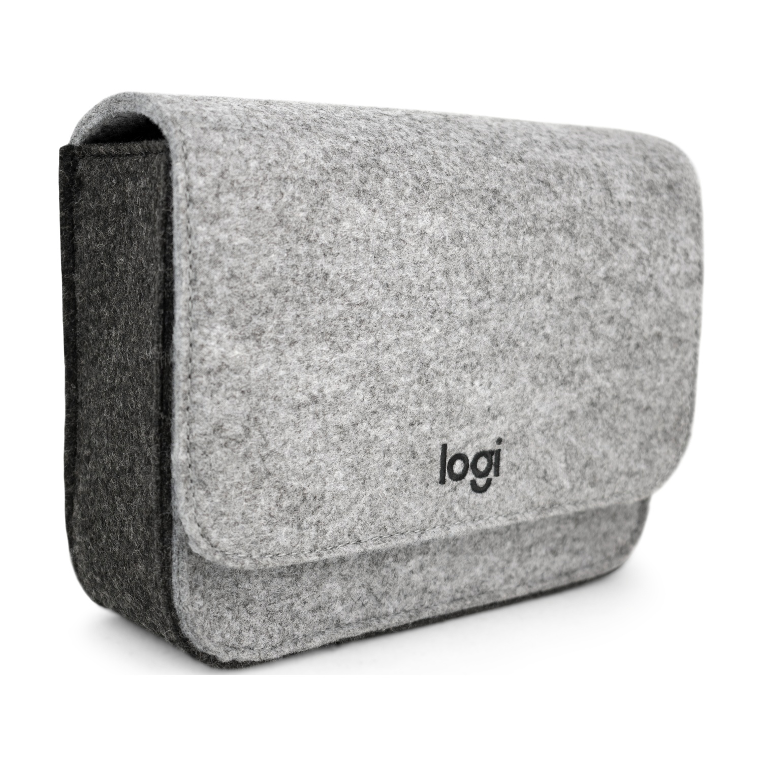 Custodia grigia in feltro con bordo nero e logo 'logi'.