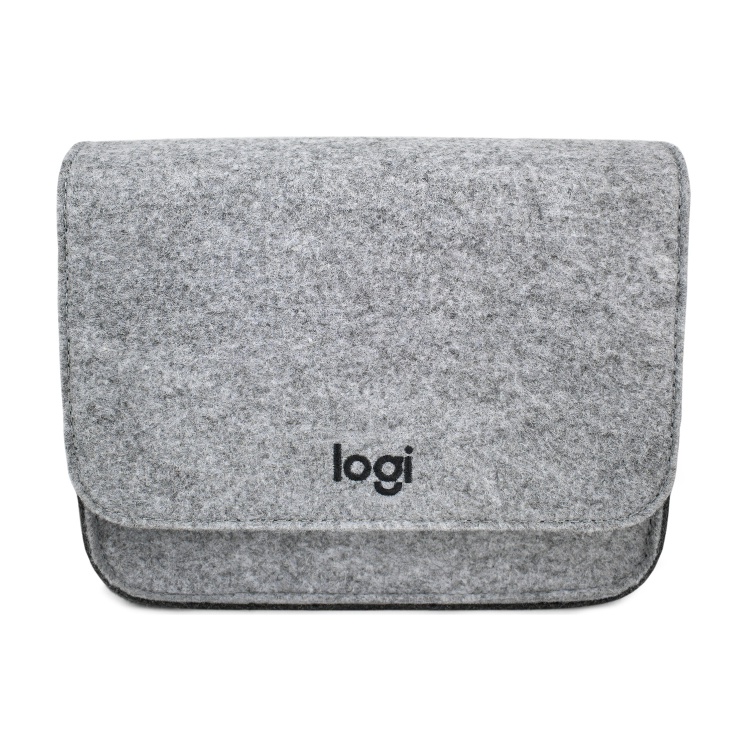 Una custodia in feltro grigio con logo nero "logi" sul davanti, chiusa.