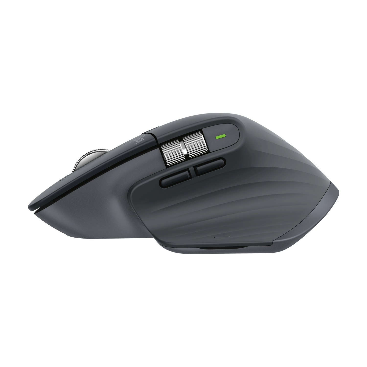 Un mouse ergonomico scuro con rotellina di scorrimento e più pulsanti su sfondo bianco.