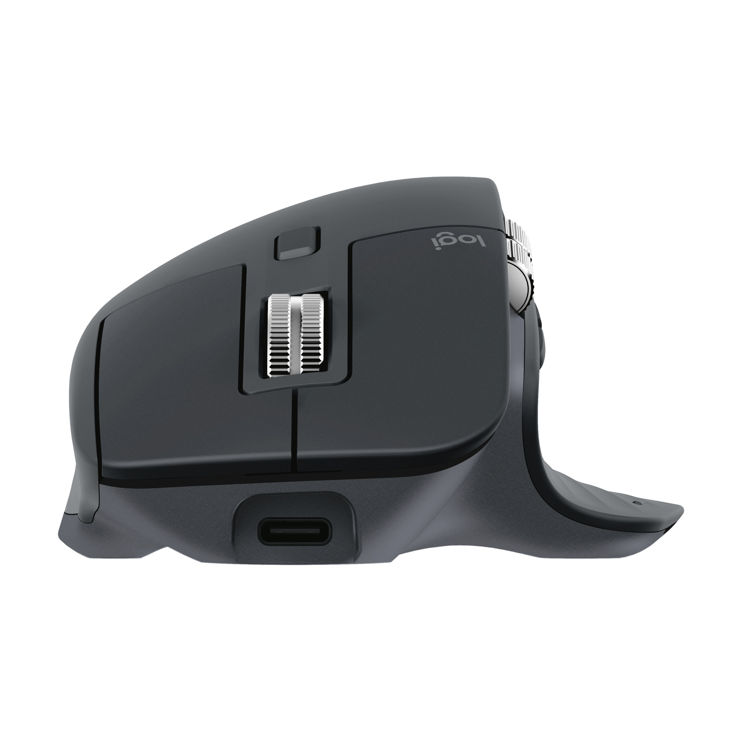 Mouse Logitech grigio scuro con rotella di scorrimento e porta USB-C visto di lato.